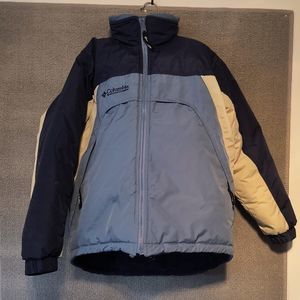 Columbia Youth Reversible Zipper Fleece Puffy Jacket Blue Beige 1548